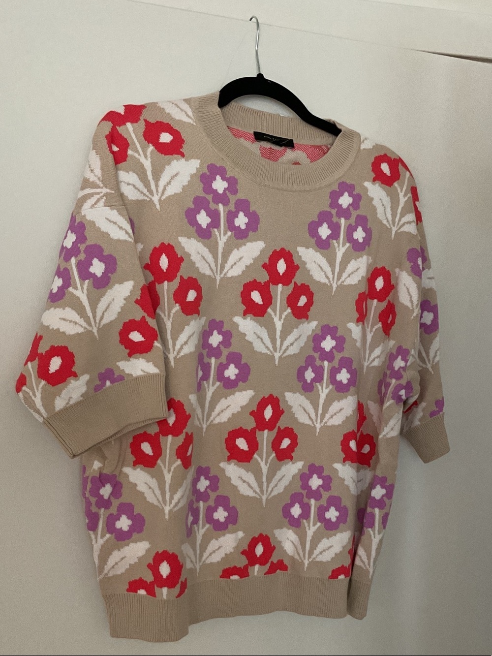 Ann Taylor Beige Crewneck Sweater with Red, Purple & White Floral Pattern